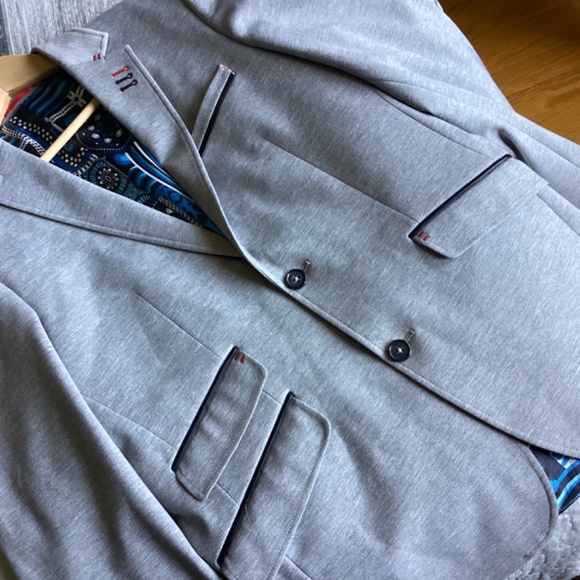 AU NOIR CLASSIC TWO BUTTON LEATHER DETAILED LIGHT GREY BLAZER SIZE SMALL - Picture 6 of 12